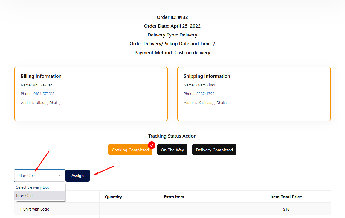 How to Assign an Order to the Delivery Boy from the Branch Manager Page?